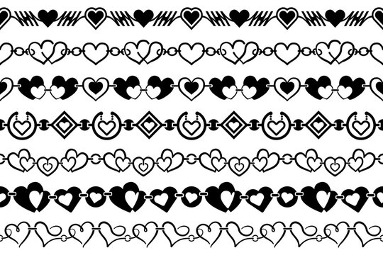 Chained hearts black and white seamless patterns collection. Vector abstract connected heart shapes ribbons for, lace, trim, borders, frames, textile, printing and much more.