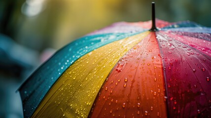 Vibrant wet umbrella close-up with fresh raindrops