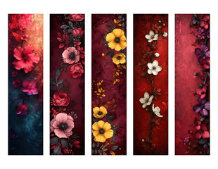 Beautiful bookmarks for book lovers, set of 5, decorative design, size of bookmarks 4,5cm x 18cm, illistration, PNG, love to read, Bright Burgundy & Minimalist Flowers Vintage Bookmark Shabby Chic	 - obrazy, fototapety, plakaty