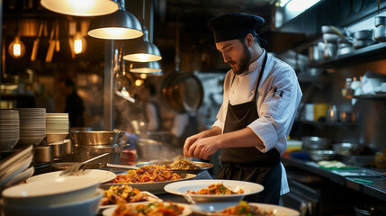 Fototapeta na wymiar Professional chef working in restaurant kitchen