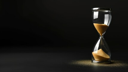 A solitary hourglass, filled with grains of sand, stands in a dimly lit room, marking the passing of time in a haunting yet beautiful display
