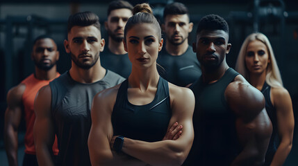 Group of athletic men and women stand together in the background of a gym - obrazy, fototapety, plakaty
