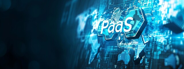 Platform as a service text "PaaS". Internet and networking concept, digital network space
