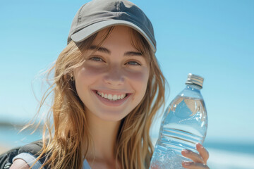 Refreshingly Thirsty: Young Woman Drinking Cold Mineral Water Outdoors, Embracing the Summer Heat with a Calm and Attractive Portrait as she Enjoys the Clear Blue Sky in the Park.