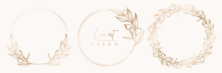 Botanical line illustration set of olive leaves, branch wreath for wedding invitation and cards, logo design, web, social media and posters template. Elegant minimal style floral vector isolated. © taniKoArt