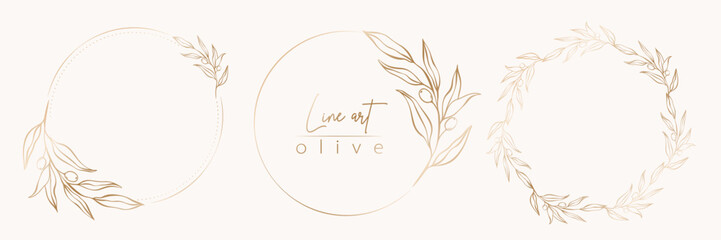 Fototapeta na wymiar Botanical line illustration set of olive leaves, branch wreath for wedding invitation and cards, logo design, web, social media and posters template. Elegant minimal style floral vector isolated.