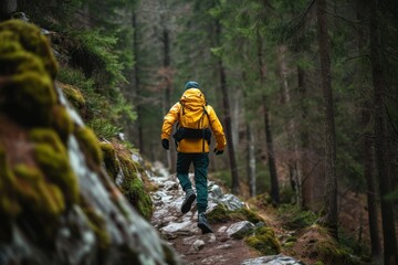 A lone hiker, donning a vibrant yellow jacket and sturdy hiking boots, stands amidst the towering conifers and ancient trees of an oldgrowth forest, their determined steps leading them down a rocky t