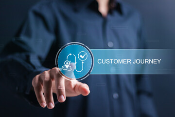 Customer journey concept. Businessman touching virtual customer journey icon, journey evaluation, Boost satisfaction, encourage repeat business and drive revenue growth..