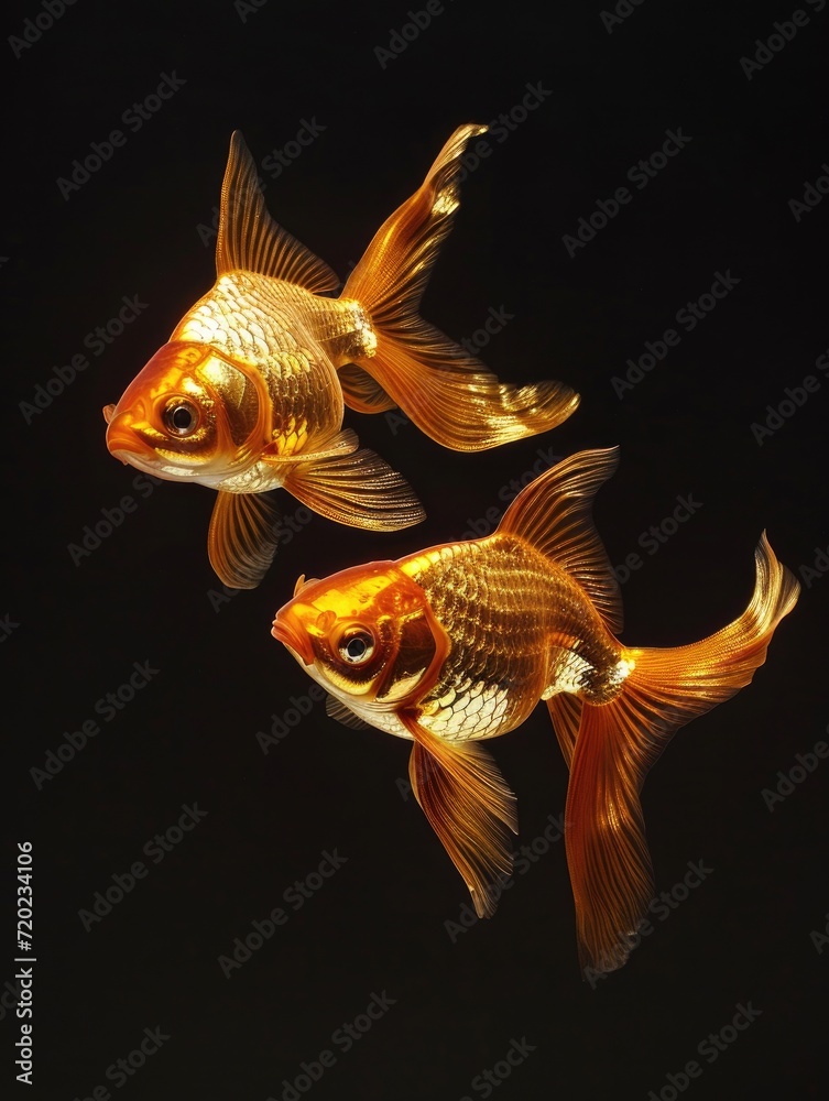 Wall mural Surreal, two fish made of foil on the sparkling black background - Wall murals