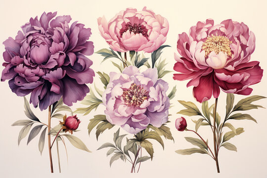 Colorful Floral Blooms: Vintage Garden Watercolor Illustration on Retro Pink Background