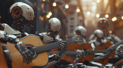 Cinematic photograph of robot playing music AI. Smart robots. Future.