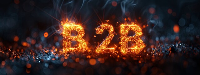 B2B concept with fiery text on a dark, bokeh background