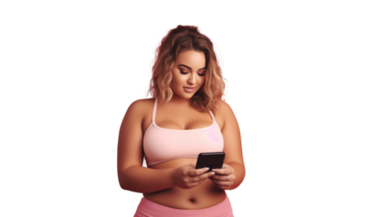 beautiful young pretty fitness woman chubby using mobile phone,isolated on transparent and white background.PNG image.