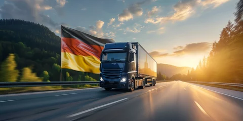 Foto auf Alu-Dibond LKW mit Deutschlandflagge symbolisiert deutschlandweiten Versand © stockmotion