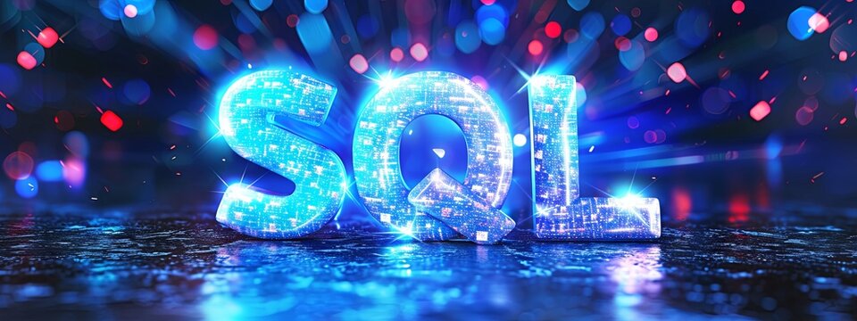 Blue, illuminated 'SQL' text on a bokeh light digital backdrop