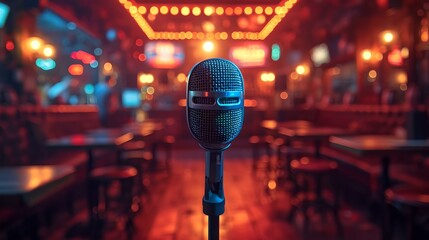 Microphone on stage in a retro club setting waiting for the next performer. empty venue with vibrant lights. atmospheric music concept. AI - obrazy, fototapety, plakaty