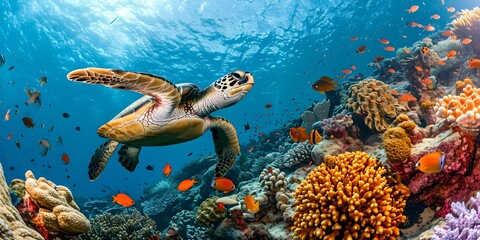 Vibrant underwater scene with swimming sea turtle. colorful coral reef and marine life. nature photography for wall art and stock. AI