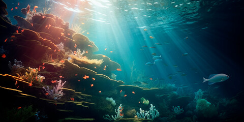 Obraz na płótnie Canvas The sun's rays make their way to the seabed. Photorealistic image of the underwater world