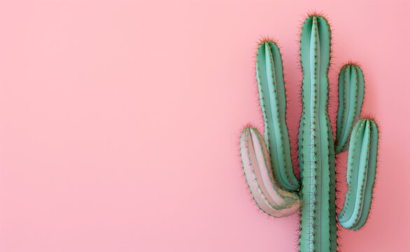 Green cactus on a pastel pink background. 