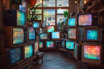 Vintage television sets with vibrant screen patterns in a cozy room - obrazy, fototapety, plakaty