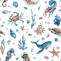 Underwater world clipart with sea animals whale, turtle, octopus, seahorse, starfish, shells, coral and algae. Hand drawn watercolor illustration. Seamless pattern on a white background.