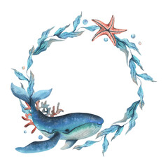 Underwater world clipart with sea animals whale, starfish, coral and algae. Hand drawn watercolor illustration. Circle wreath, frame isolated from the background.