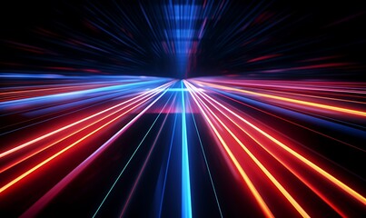 Abstract background of dynamic neon lines glowing in the dark, floor reflection. Generative Ai