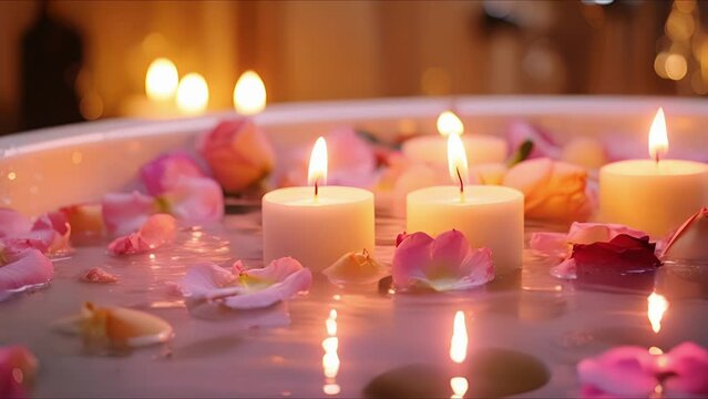 Closeup of a relaxing bubble bath, with lit candles and flower petals floating on the waters surface.