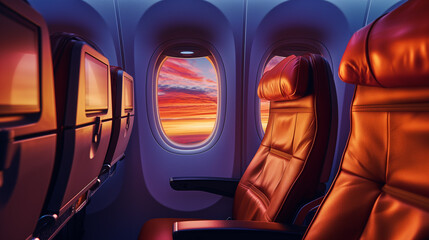  Airplane Cabin View with Sunset Over the Clouds