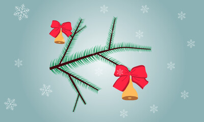 Christmas tree and bell. There is a golden bell on the green branches of the Christmas tree. Snowflakes are falling around. Vector illustration EPS10.