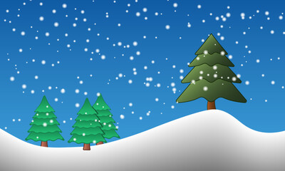 Winter landscape. Snow-covered hills with green fir trees. It's snowing against the background of a blue sky. Vector illustration EPS10.