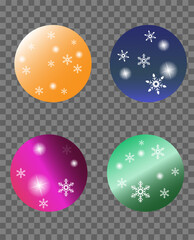 Christmas balls and stars. Multi-colored colored Christmas balls. Snowflakes and stars are located on the surface of the balls. Vector illustration EPS10.