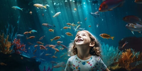 Young child in awe at an aquarium, colorful fish surrounding her. a moment of wonder and joy captured. AI