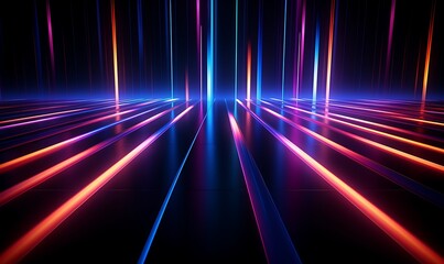 Abstract background of dynamic neon lines glowing in the dark, floor reflection. Generative Ai