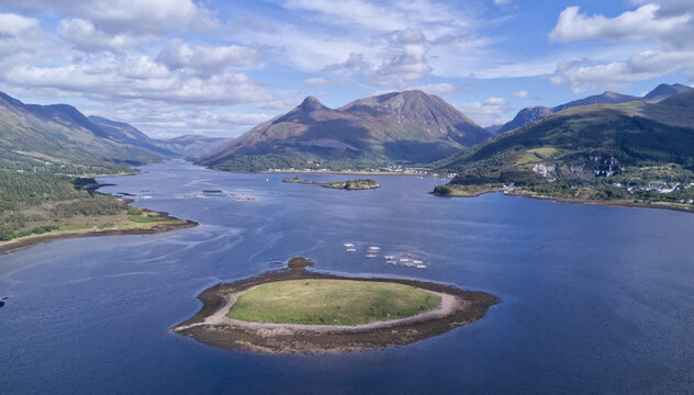 A view up Loch Linnhe towards Glencoe, the Pap of Glencoe, Ben Nevis and Fort William, Highlands, Scotland.