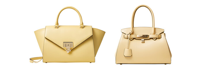 Close up Women's trendy handbag in pale banana color on a transparent background | Isolated | Fashionable woman bag in pale banana color for products advertisement 