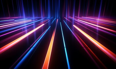 Fototapeta premium Abstract background of dynamic neon lines glowing in the dark, floor reflection. Generative Ai