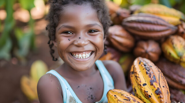 A Colheita da Felicidade: Crian&ccedil;a Sorridente e Frutas de Cacau no Dia do Cacau, IA Generativa