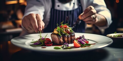 Professional chef garnishing a gourmet dish with precision. fine dining and culinary art. elegant restaurant setting. AI