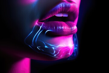 Neonlit sound wave on womans lips.