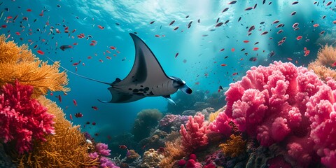 Majestic manta ray swimming gracefully in a vibrant coral reef. underwater beauty, biodiverse ecosystem captured in a single moment. idyllic sea life scene, perfect for nature lovers. AI