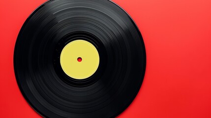 Black Vinyl Record on red background. Image of a Long Play. Sound tracks on a vinyl record