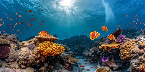 Vibrant underwater seascape with clownfish near coral reefs. serene ocean life scene for environmental concepts. ideal for background usage. AI