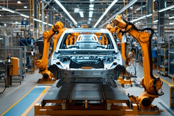 Car factory. Assembling a car on a production line. Modern technology in car manufacturing.