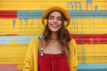 Cheerful Fashionable Woman Enjoying Music Outdoors in the City with Stylish Hat and Summer Vibes
