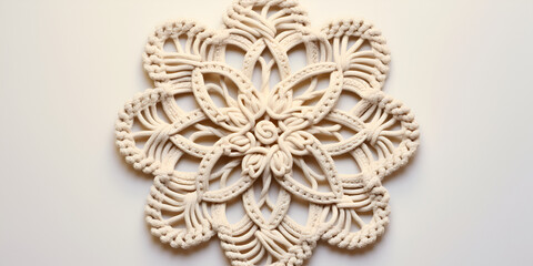 Homemade beige circular crochet doily from above stock photo
