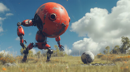 Cinematic photograph of robot playing soccer AI. Smart robots. Future.