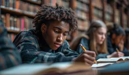 Students in a library studying and writing in a book. Generative AI