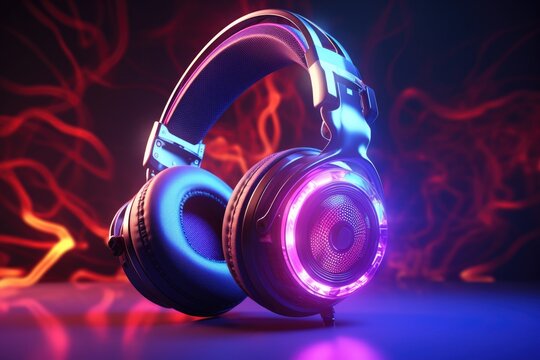 Glowing black headphones for music with sound waves