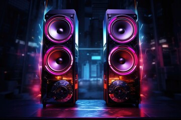 Neonlit sound speakers with sound wave - obrazy, fototapety, plakaty